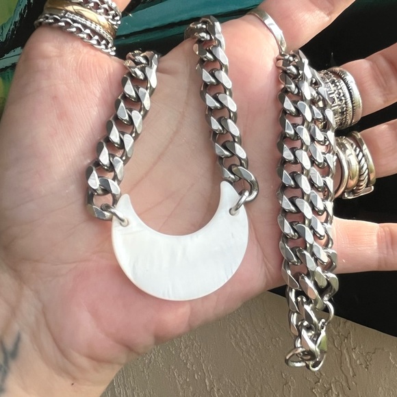 Mother of pearl moon stainless steel cuban link thick choker necklace boho - Picture 12 of 16